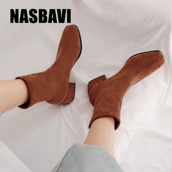 

women's boots elastic ankle boots square toe thick heel high heels shoes woman new winter female socks plus size 33-431, Black