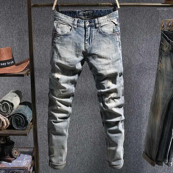 

italian style fashion men jeans light blue slim fit elastic ripped jeans men vintage designer pants streetwear hip hop1