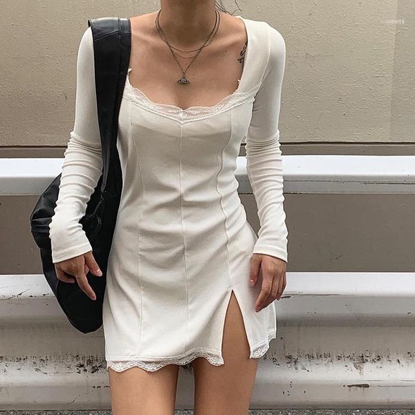 

2020 new arrival women dresses elegant retro square collar ladies long sleeve slim dress high split lace frill mini dress11, Black;gray