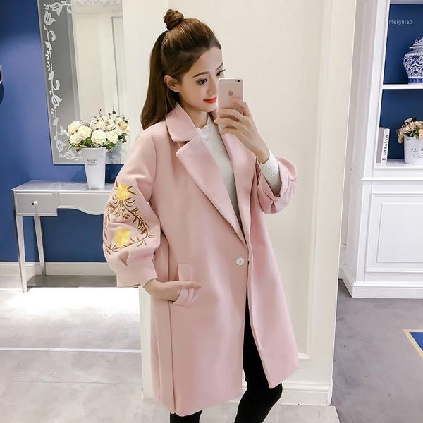 

wool blend coat for women lantern sleeve turn-down collar outwear woolen jacket big size casual autumn winter elegant overcoat1, Black