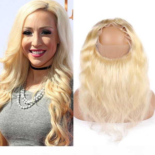 

#613 blonde body wave human hair closure with 360 band bleach blonde brazilian virgin hair 360 full lace frontals pre plucked 22.5x4x2, Black;brown