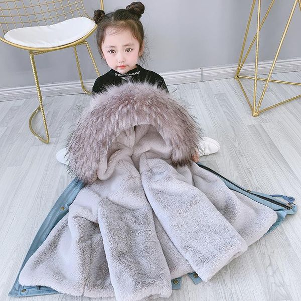 

down coat 2021 fashion children's fur for boys and girls very warm baby plus velvet detachable liner cold winter jacket, Blue;gray