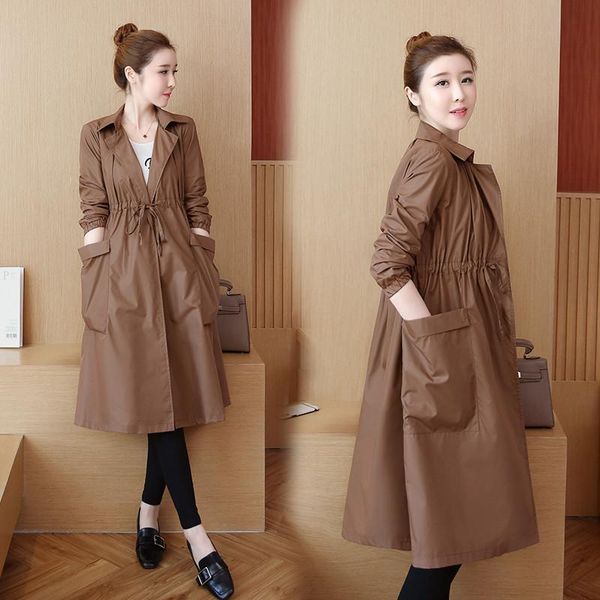 

women's trench coats plus size 5xl ladies windbreaker coat spring autumn korean loose drawstring cardigan jacket long over knee women o, Tan;black