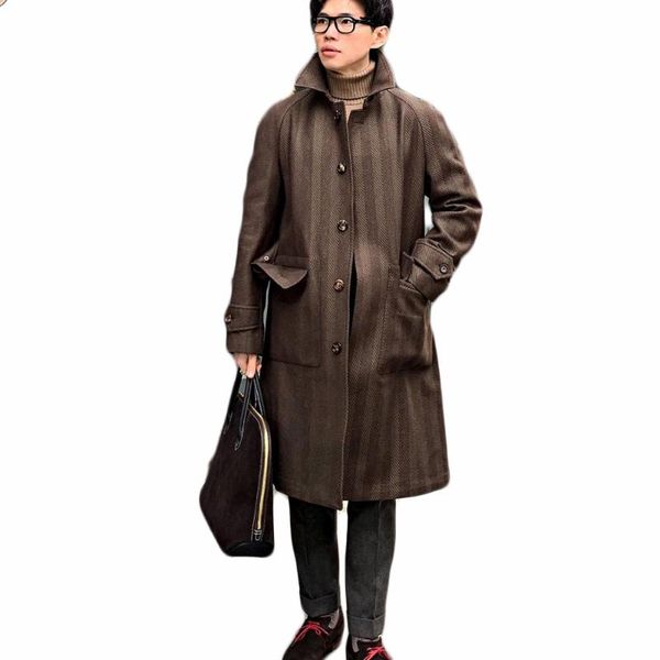 

men's wool & blends striped woolen overcoat streetwear singal breasted thick loose long-length warm casual trench winter coat male jack, Black