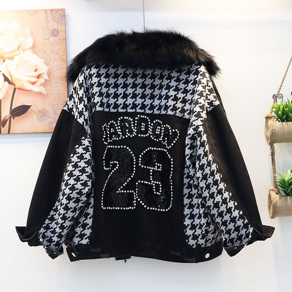 

real fox fur collar denim women's winter 2020 new warm jacket female jeans with thinner skin velvet parka woman, Blue