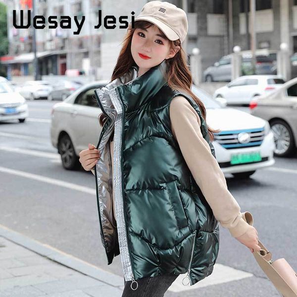 

glossy autumn winter female vest coat casual shiny fabric waistcoat women thick warm waterproof sleevless lady jacket plus size lj201204, Black;white