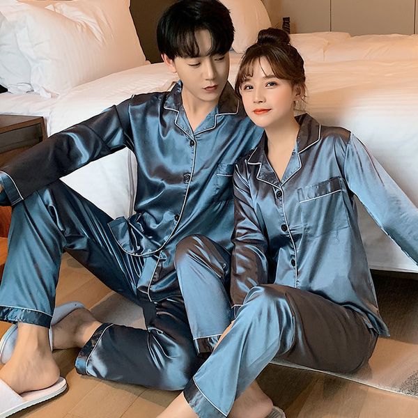 

couple pajamas ladies long-sleeved ice silk thin style home service pajamas male simulation silk loose two-piece suit, Black;brown