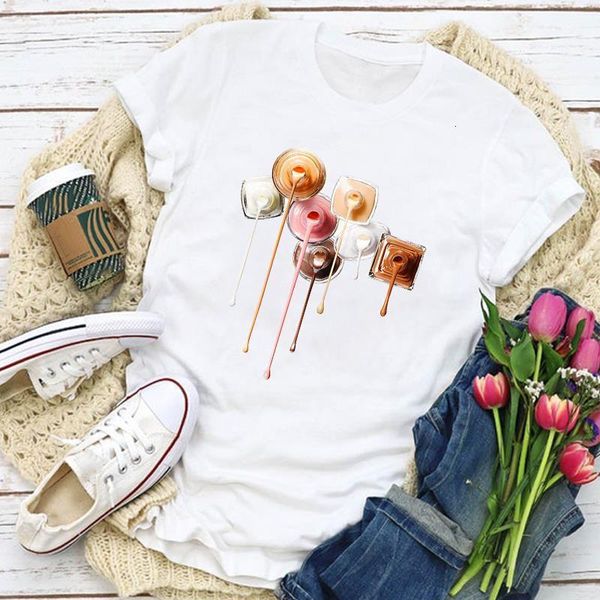 

women graphic drape cartoon 90s cute fashion finger nail summer t-shirt lady womens clothing clothes tee female t shirt, White