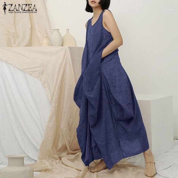 

sarafans vestido womens asymmetrical dress 2019 zanzea sleeveless beach maxi dress female pleated baggy linen robe femme s-5xl1, Black;gray