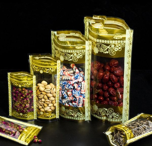 

100pcs stand up gold print with clear window plastic packaging bags zip lock zipper seal food storage packing bbykwy sport77777