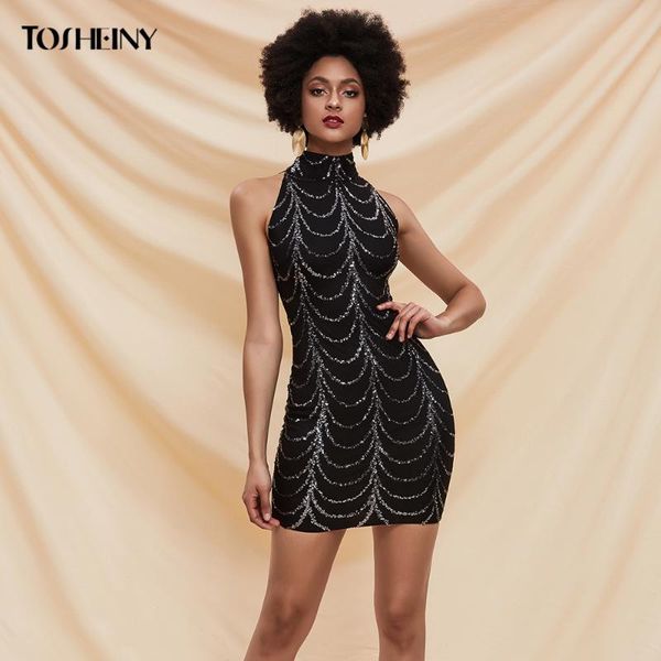 

casual dresses tosheiny women wave sequin dress 2021 summer sleeveless slim fit bodycon party mini vestidos m0036, Black;gray