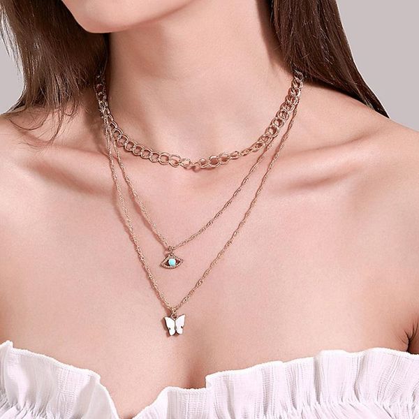 

chains butterfly 3-layer necklace thick chain eye for women gold color sweater necklaces & pendants jewelry, Silver
