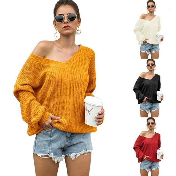 

new women's off-shoulder sweater v-neck back lace-up sweater for autumn and winter 2020 knit women cute1, White;black