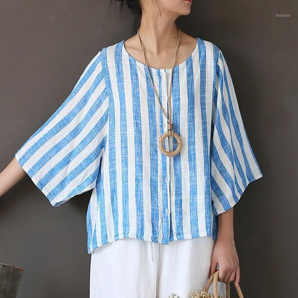 

women striped shirt cotton linen o-neck summer new vintage o-neck seven sleeve blouses loose button shirts1, Red