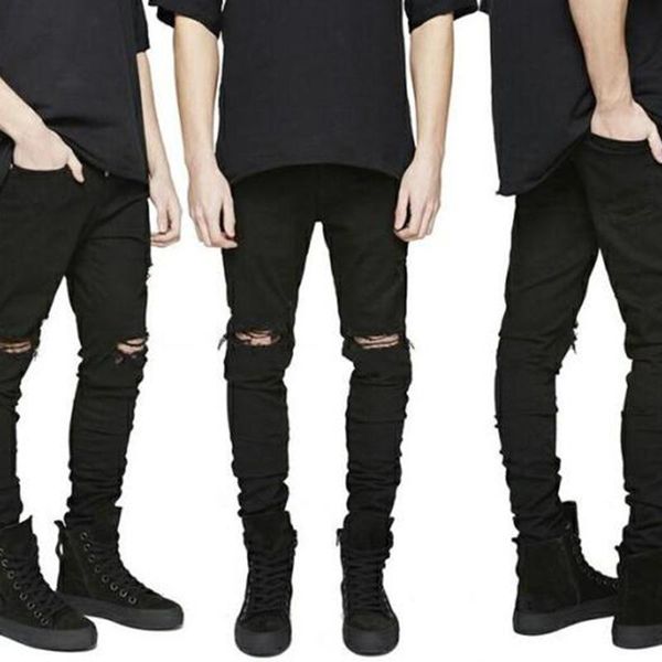 

men's jeans for men: ripped trendiness knee holes, slim pants, stretch pencil large size, Blue