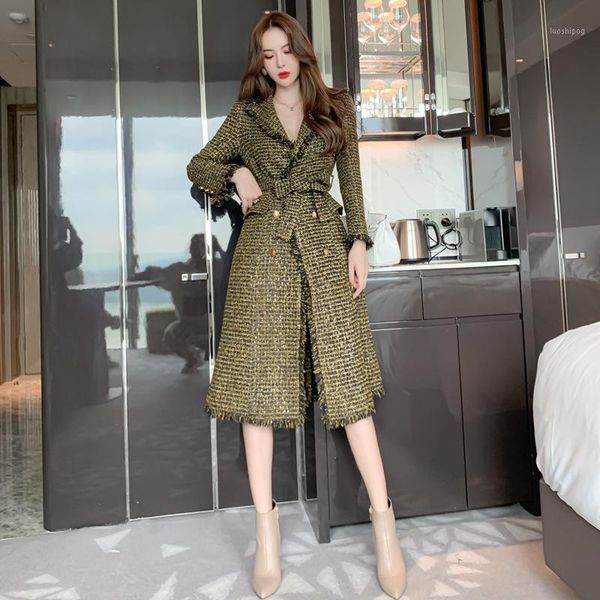 

2021 autumn and winter high end women's coats thick warm double-breasted wool woolen coat with tassel belt legant long trench1, Black