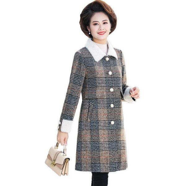 

women's wool & blends coat parkas winter loose jacket plaid lapel woolen thick padded overcoat, Black