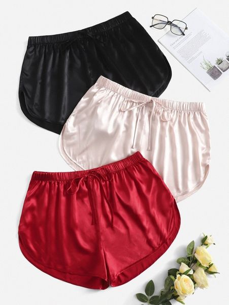 

plus 3pcs tie front satin sleep shorts m0re#, Black;white