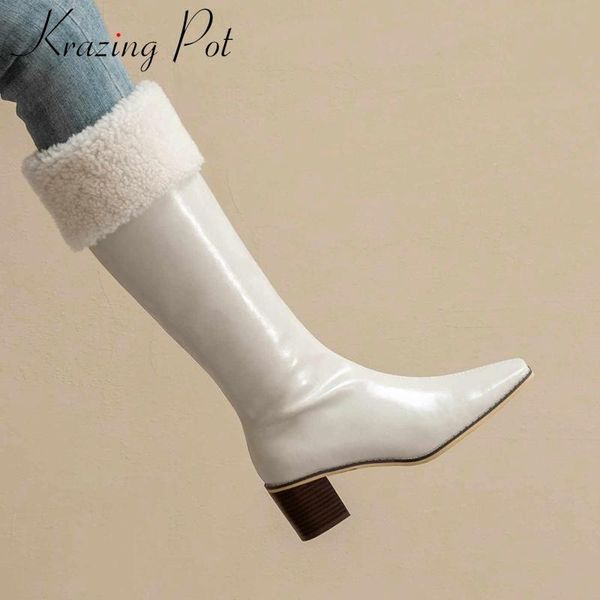 

krazing pot european style winter boots split leather handmade square toe thick high heel zipper young lady knee-high boots l18, Black