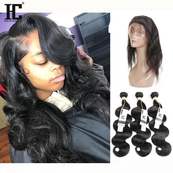 

hc 360 lace frontal closure with bundles brazilian wavy 360 frontal with bundles brazilian body wave with closure, Black;brown