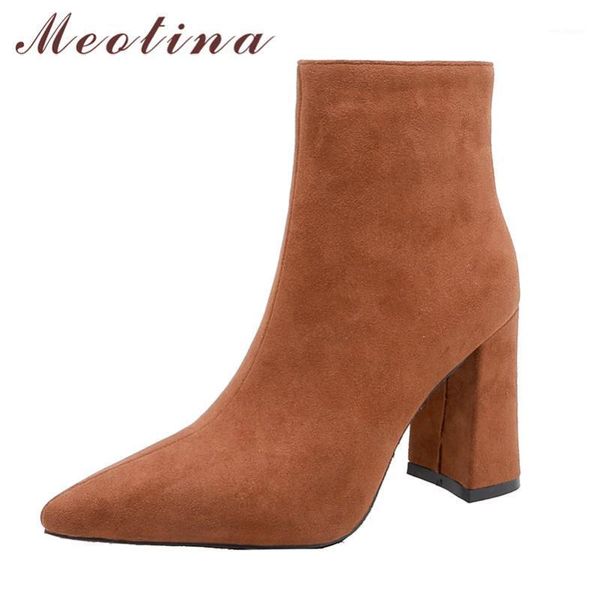 

meotina ankle boots women shoes zip super high heel short boots pointed toe thick heels ladies winter black brown size 431