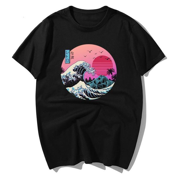 

великая ретро волна японская аниме футболка harajuku streetwear хлопок camisetas hombre men vaporwave забавный крутой хип-хоп футболка, White;black
