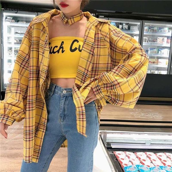 

blouses women classic plaid simple loose mid long student korean style bf harajuku shirt womens clothing chic fashion streetwear, White