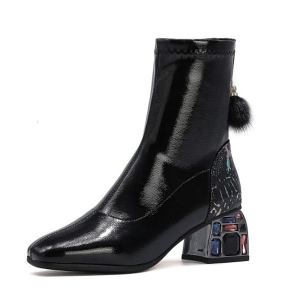 

new 2021 pu leather\flock ankle autumn winter round toe women shoes square high heel short boots big size 34-43 22sl, Black