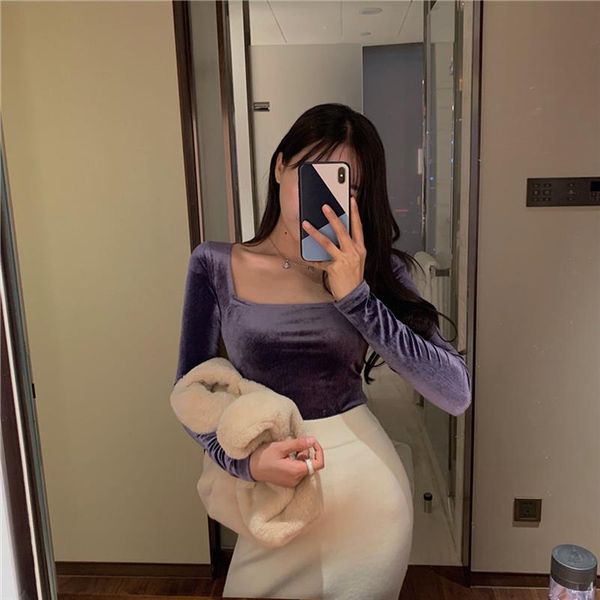

женщины тонкой полных площадей рукава воротник обрезанных футболки lady эластичного мягкий велюр crop топы футболка для девочек осени-весны, White