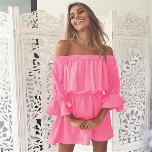 

stylish women dress summer ruffle off shoulder beach solid evening three quarters sleeve cotton party mini dresses one pieces, Black;gray