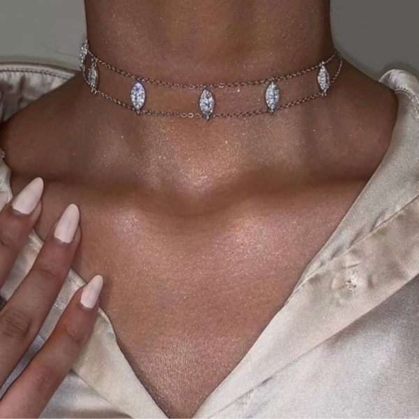 

classic design 6pcs teardrop 5a cz double chain necklaces for women fashion 925 sterling silver wedding gift chocker necklace q0531