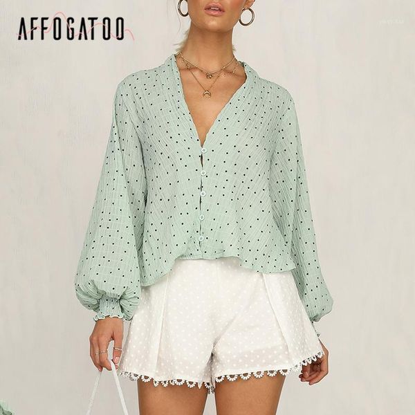 

affogato elegant v neck button polka dot women blouse shirt summer casual holiday green blouse shirt beach feminino blusas mujer1, White
