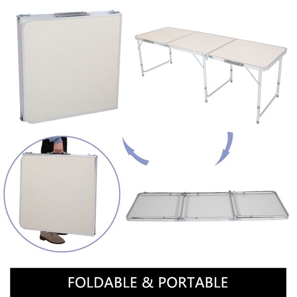 

home use aluminum alloy folding table 180x60 x70cm white 3 sections foldable workmanship portable for picnic camping new arrival