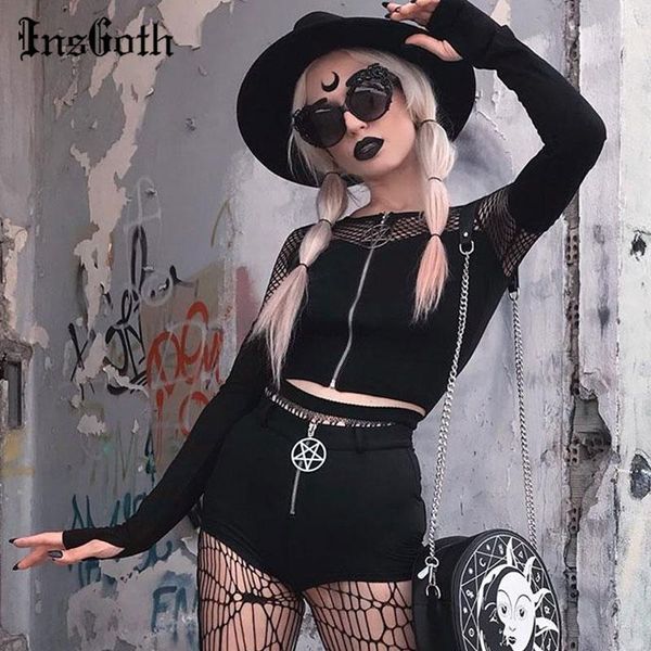 

insgoth gothic hollow out black harajuku vintage pentagram zip up long sleeve women streetwear punk fish net1, White