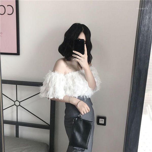 

2020 summer women korean slash neck off shoulder female shirt vintage solid color feather tassel blouses part club f031, White