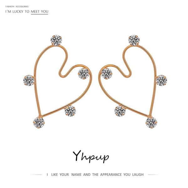

yhpup romantic heart stud earrings for women luxury rhinestone jewelry cute metal earrings accessories wedding gift 2020, Golden;silver