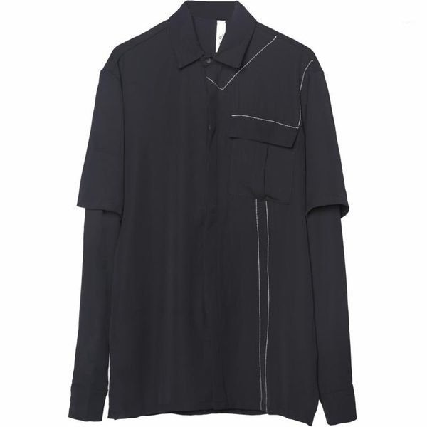 

dark design personality car line draping shirt false two pieces of splicing design long sleeve large size shirt man1, White;black