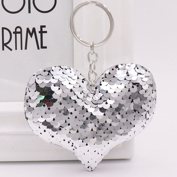 

sequins cute heart keychain glitter pompom ring gifts for women charms car bag accessories key chain, Silver