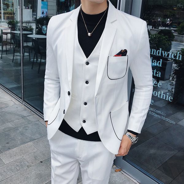

autumn suit men's british style stitching korean version of slim fashion married young hair stylist three-piece suit, White;black