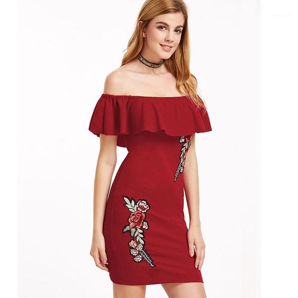 

summer 2020 rose embroidery women dress off shoulder sheath party dress butterfly sleeve slash neck hip dresses1, Black;gray