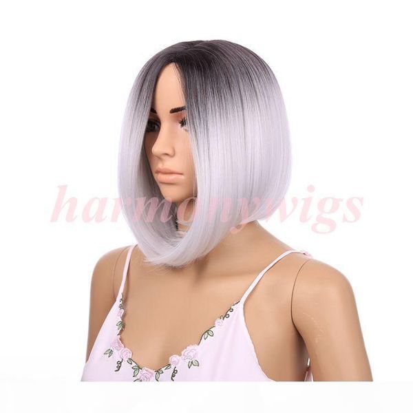 

lace front wig ombre black&gray 12inch straight short bob futrua heat resistant synthetic hair wigs hair extenions