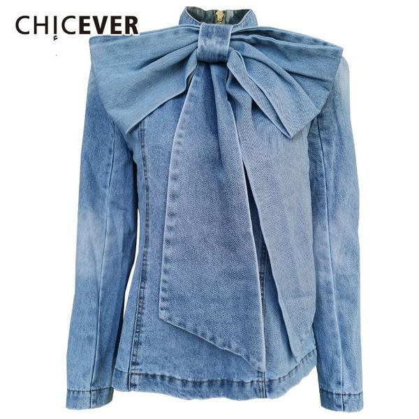 

chicever patchwork bow denim women's jacket stand collar long sleeve vintage ruched jackets for female 2020 fashion clothing, Black;brown
