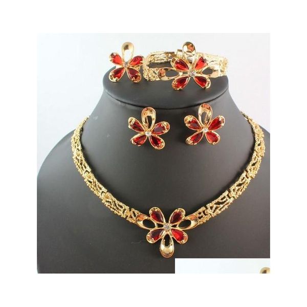 

18k gold plated red flower fashion wedding necklace bridal jewelry sets oj6bl, Silver