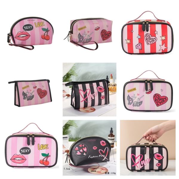 

fashion pu women letters love heart printed cosmetic bag girls ladies makeup bags zipper handbag multi-function washing pack tote gg12104, Black