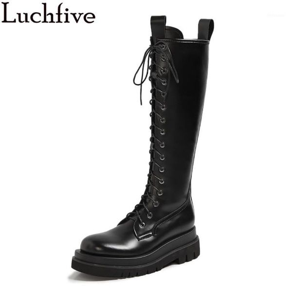 

british style cowboy knight boots black thick sole lace up spring winter shoes women leather knee high long boots for woman1