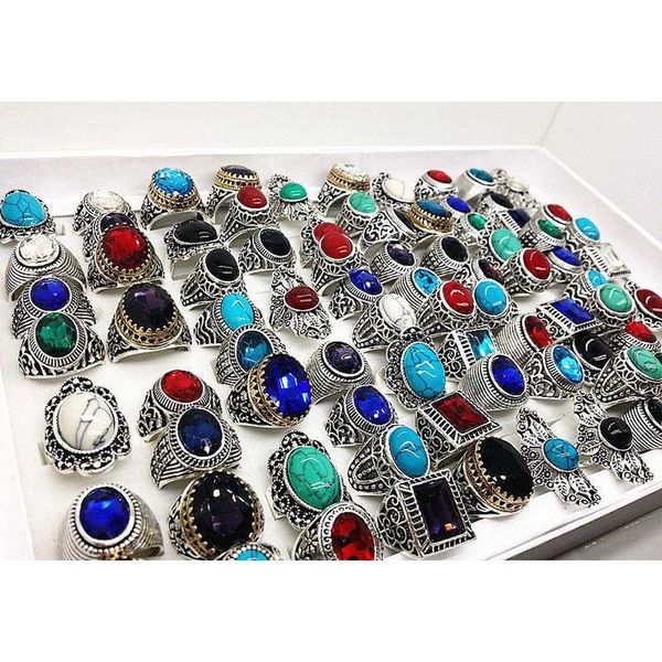 

wholesale many mix style antique silver vintage jewelry stone gemstone rings for man wome wmtjck queen66