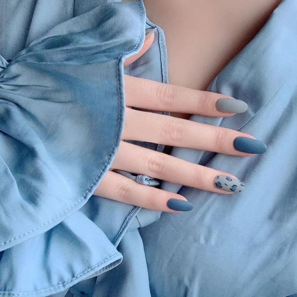 

false nails matte blue fake long round shape frosted full-wrap ultra thin leopard print with adhesive tape glue sticker, Red;gold