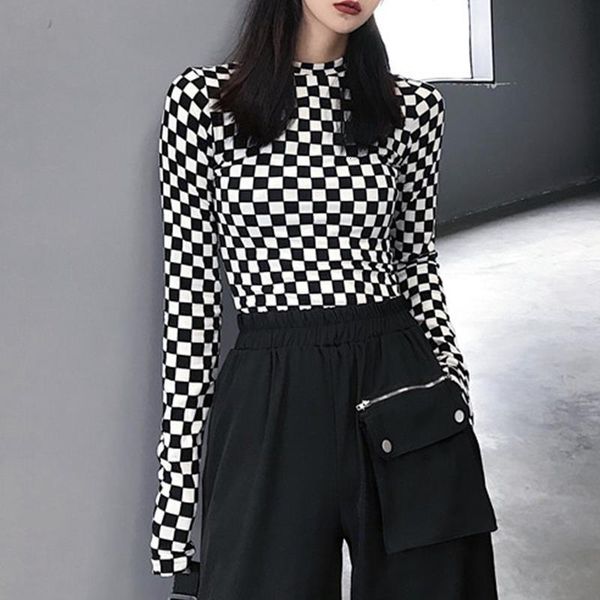 

black & white checkered mesh long sleeve mock neck cropped women's t-shirts altgirl outfit