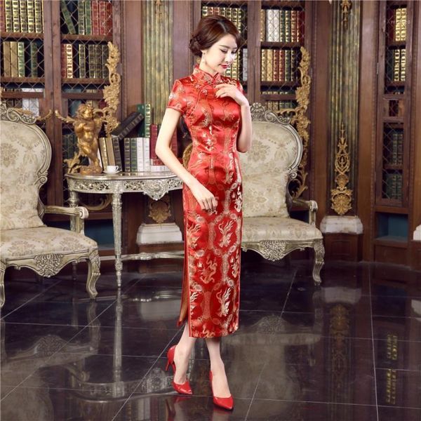 

shanghai story red ladies long cheongsam qipao traditional dress chi pao for sale short sleeve chinese wedding dress1