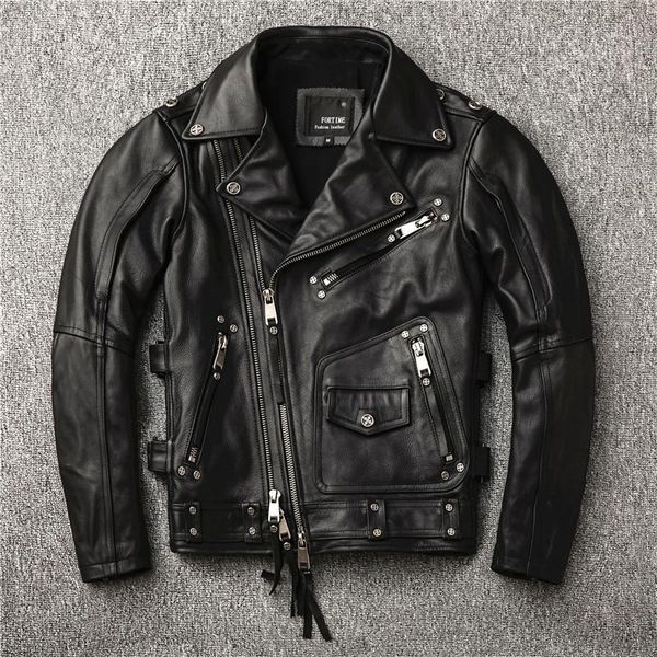 

2019 men's punk rivet motorcycle leather jacket diagonal zipper moto biker cow leather coat men slim fit rider jacket male1, Black